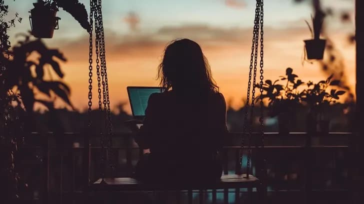 Une jeune femme travaille sur son ordinateur, en silhouette au coucher du soleil