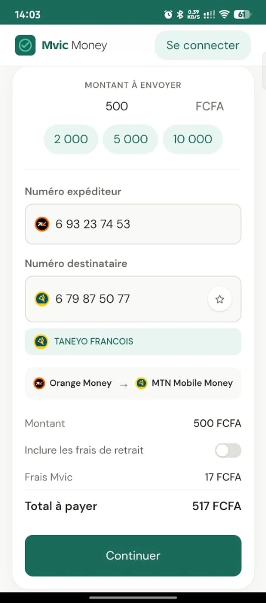 Écran Mvic Money : montant 500 FCFA et numéro destinataire 6 79 87 50 77